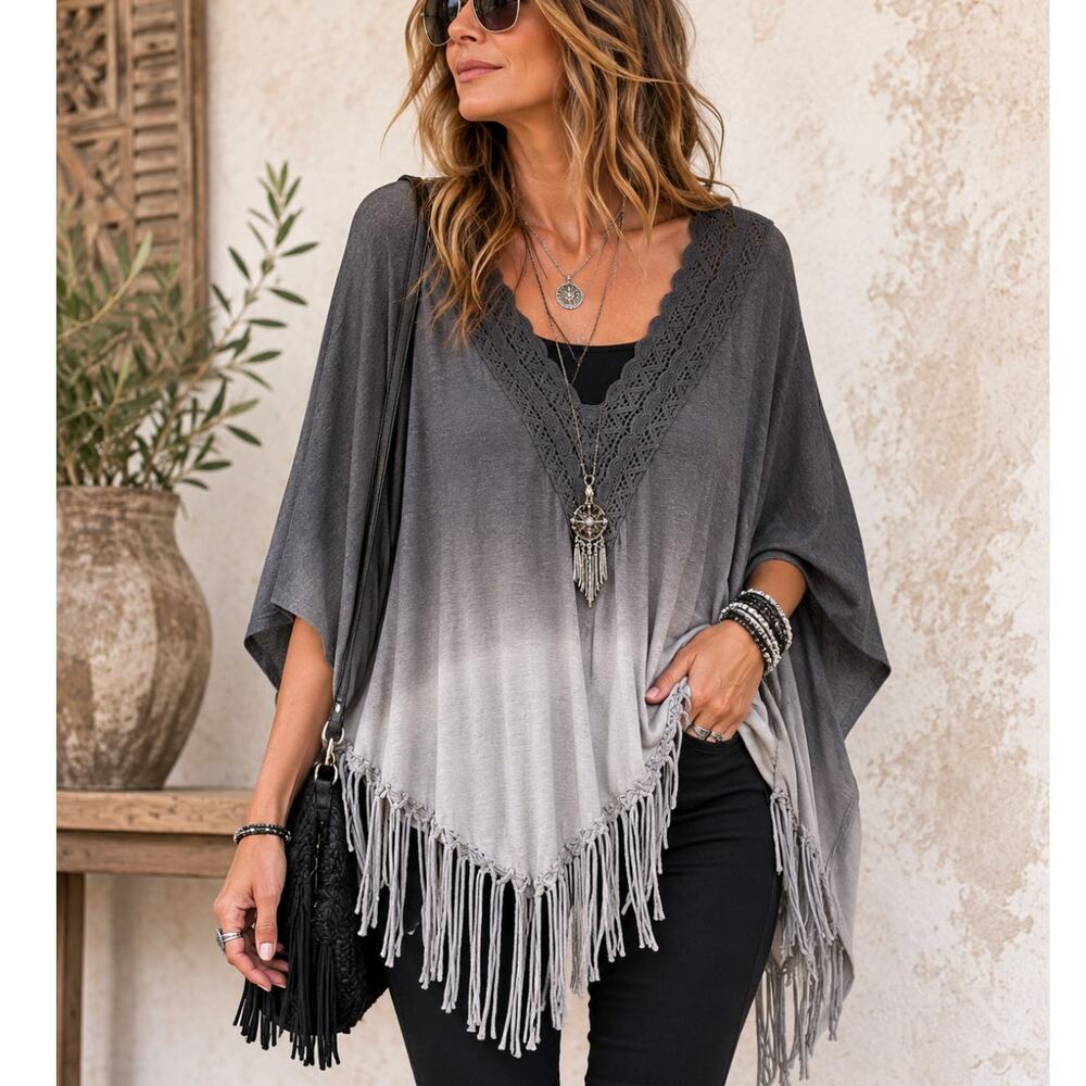 XCVI XL Gray Ombre Poncho Top Fringe Crochet V Neck Boho Lagenlook Rayon